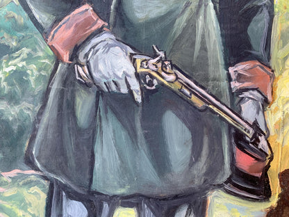 Oil painting portrait of soldier Alexander Litvinov holding golden flintlock pistol