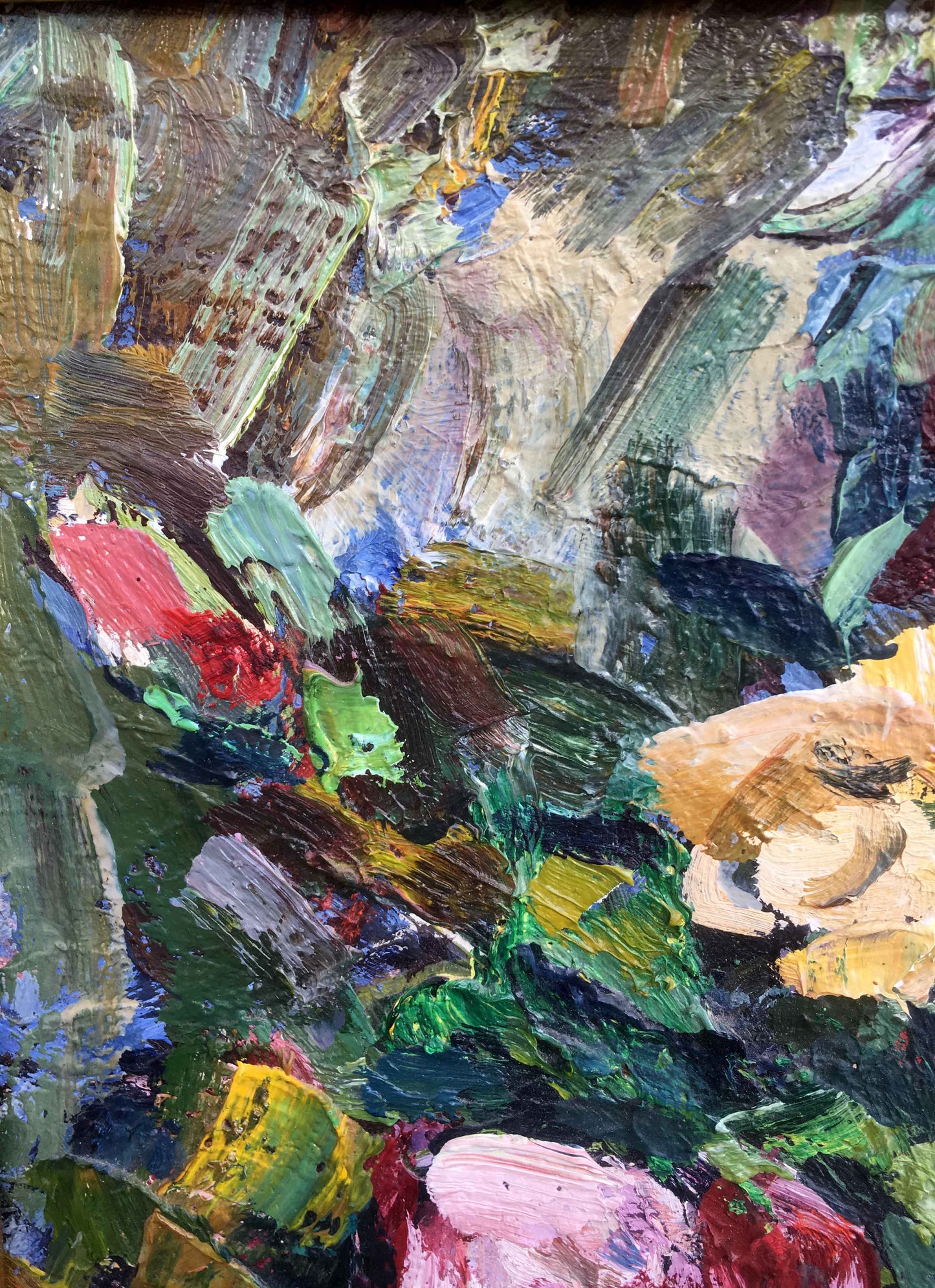 Vibrant still life of roses oil painting with bold green, red, blue, yellow brushstrokes