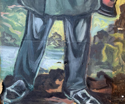 Oil painting portrait of soldier Alexander Litvinov in dark blue painterly trousers
