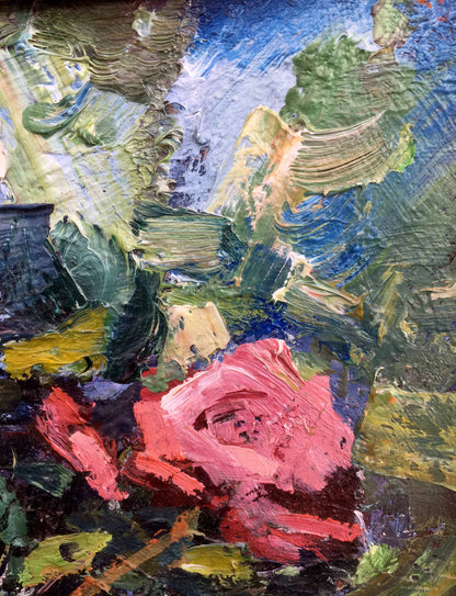Vibrant pink rose in Still life of roses oil painting with textured brushstrokes