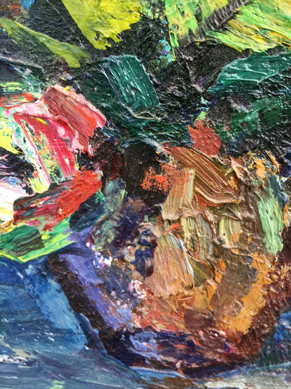 Vibrant still life of roses oil painting with thick textured green red yellow blue strokes