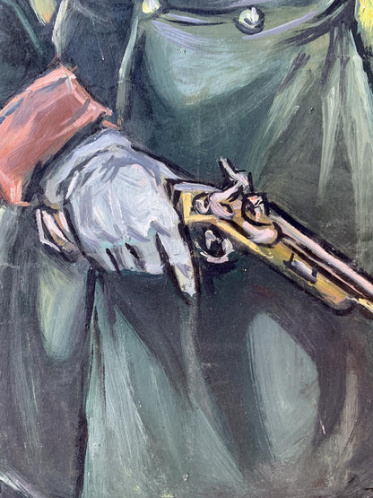 Oil painting portrait of soldier Alexander Litvinov holding golden flintlock pistol