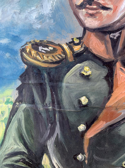 Oil painting portrait of soldier Alexander Litvinov in dark green military coat with gold epaulets