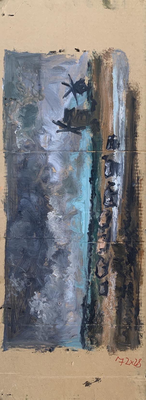 Oil painting portrait of soldier Alexander Litvinov in abstract blue-gray-brown expressionism