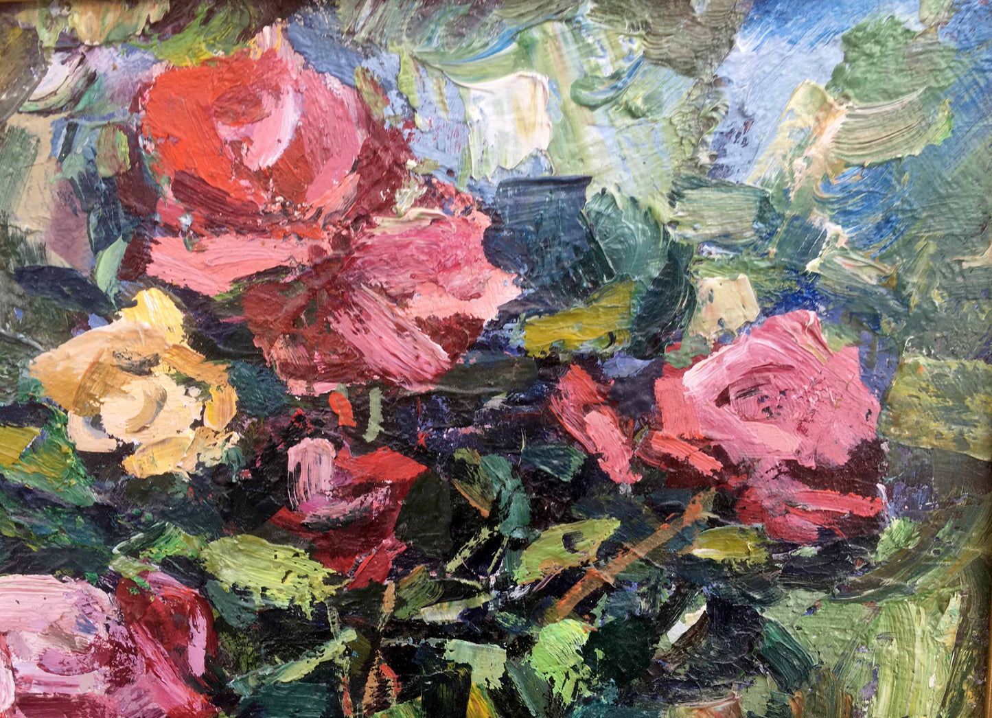 Vibrant impressionist still life oil painting of bold red pink yellow roses