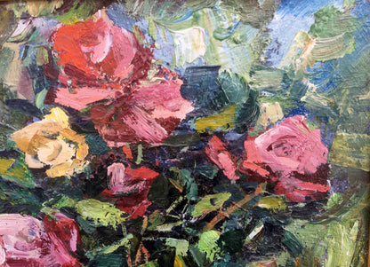 Vibrant impressionist still life oil painting of bold red pink yellow roses