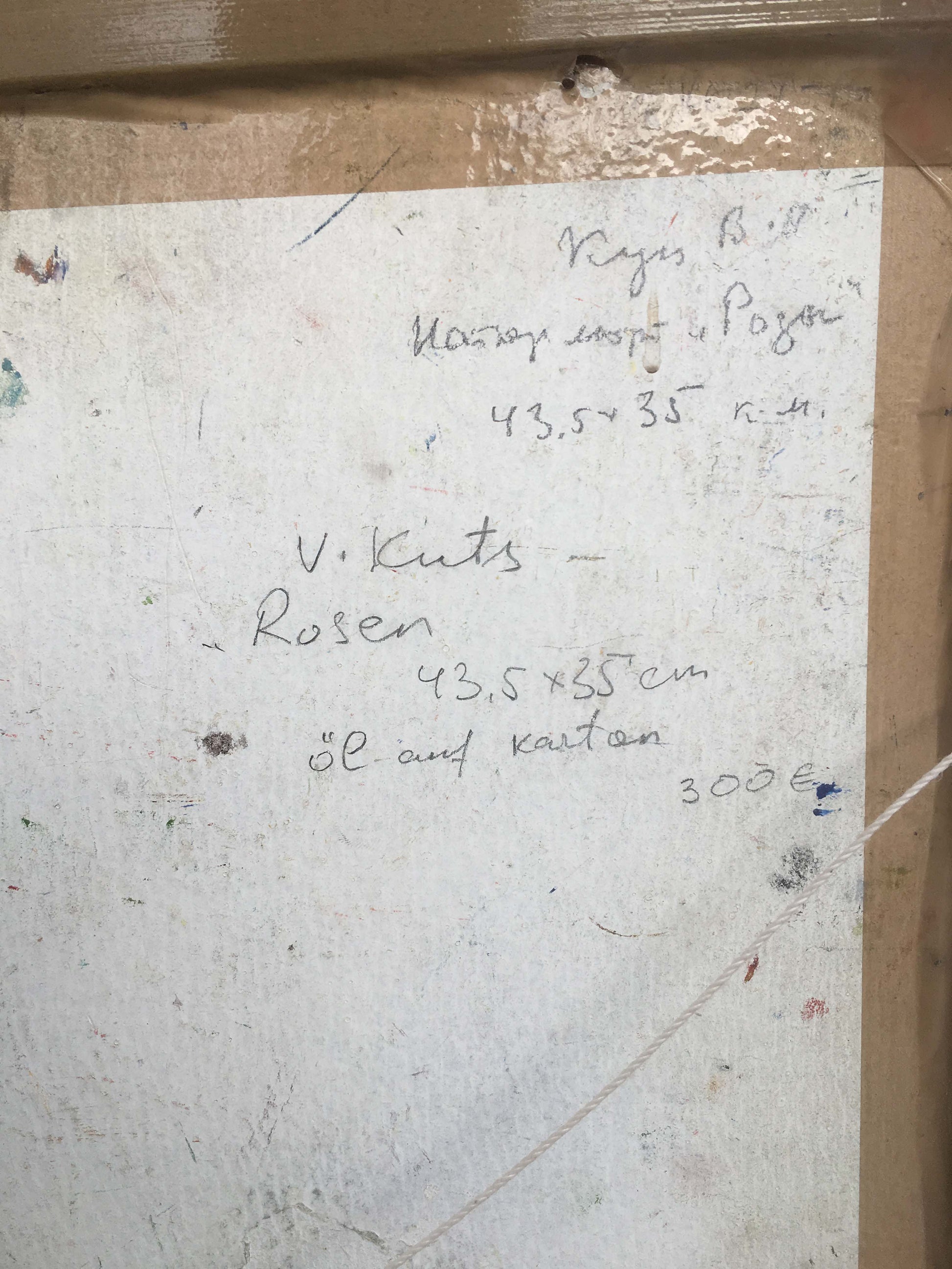 Handwritten note on weathered paper in Still life of roses oil painting