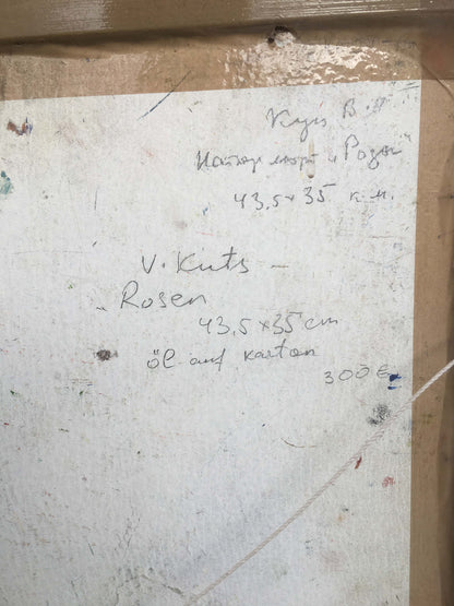 Handwritten note on weathered paper in Still life of roses oil painting