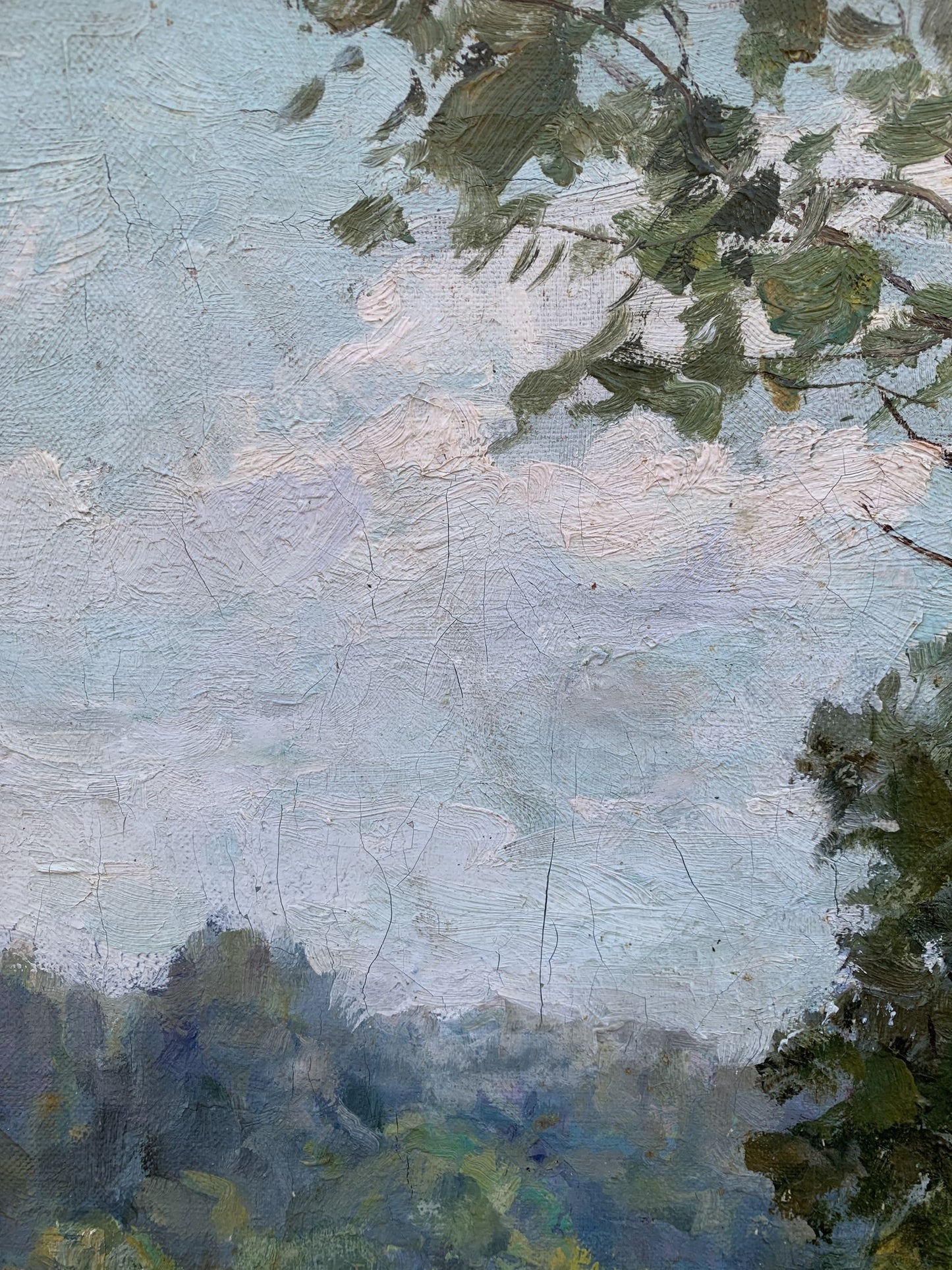 Textured oil painting Between the Trees by V. Shcherban with clouds and foliage