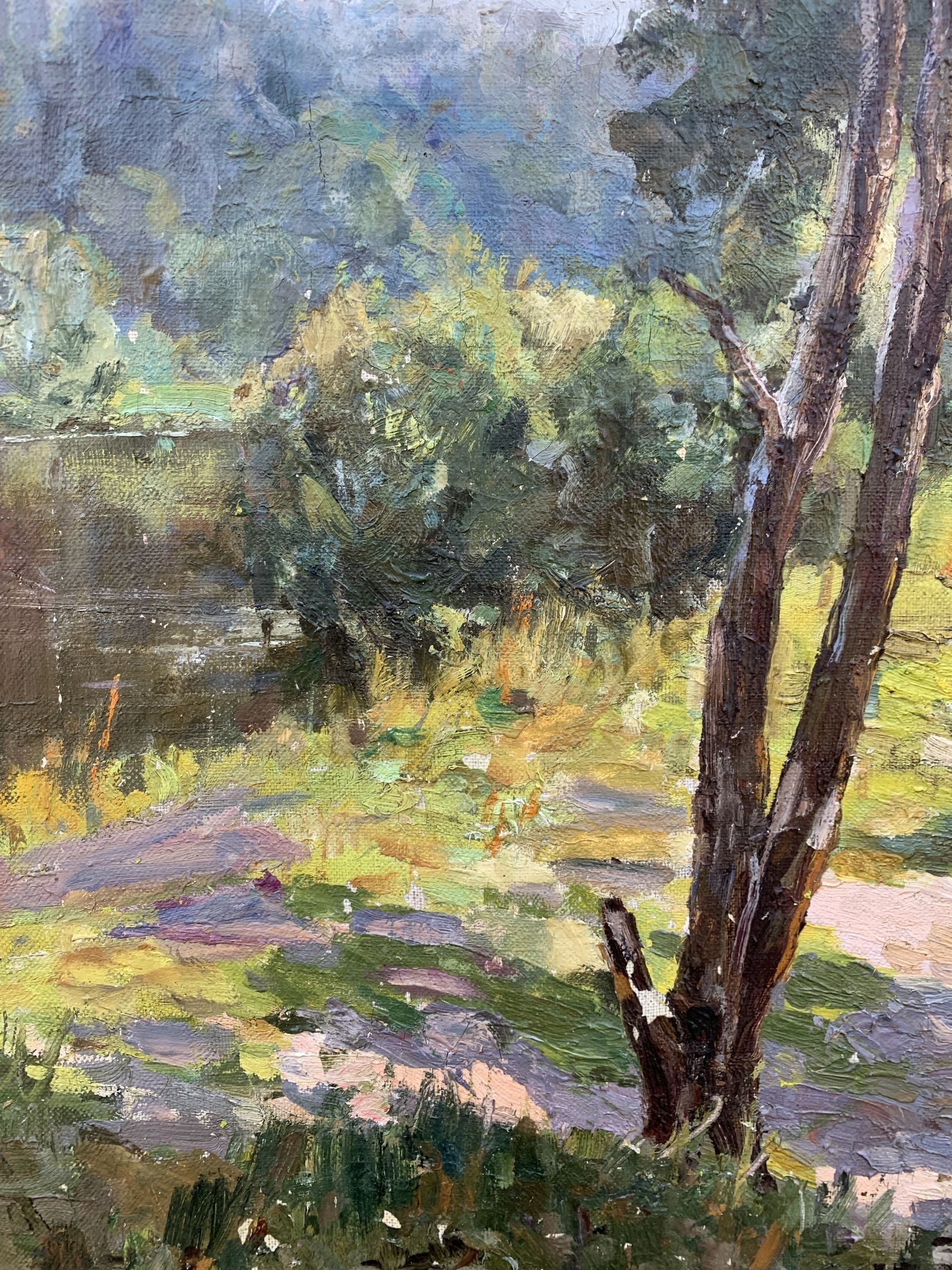 Oil painting Between the Trees V. Shcherban textured tree in sunlit field