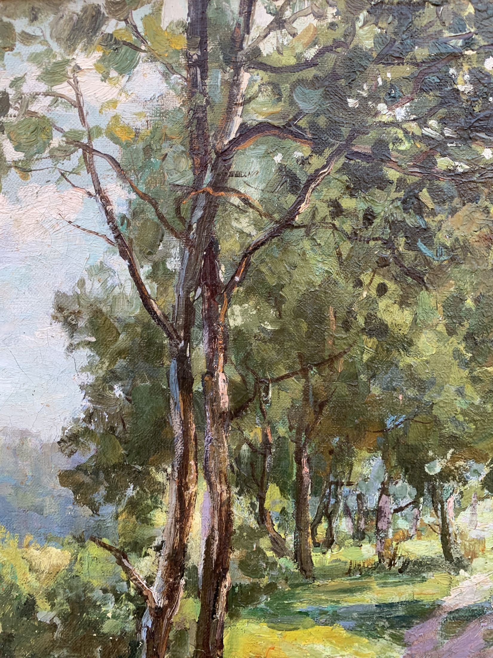 Oil painting Between the Trees by V. Shcherban, textured forest scene