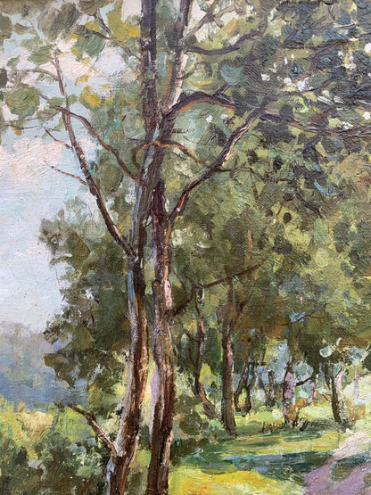 Oil painting Between the Trees by V. Shcherban, textured forest scene