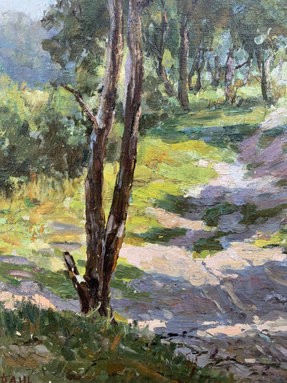 Oil painting Between the Trees V. Shcherban textured tree trunks forest