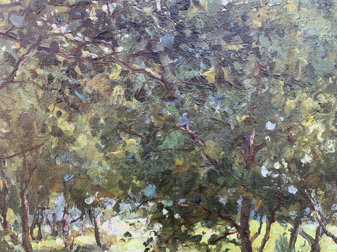 Textured oil painting Between the Trees by V. Shcherban, dense forest scene