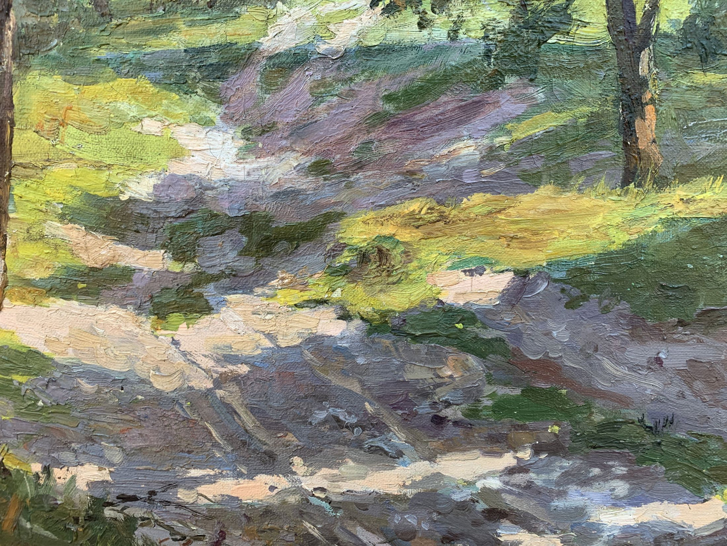 Oil painting Between the Trees by V. Shcherban: sunlit forest path