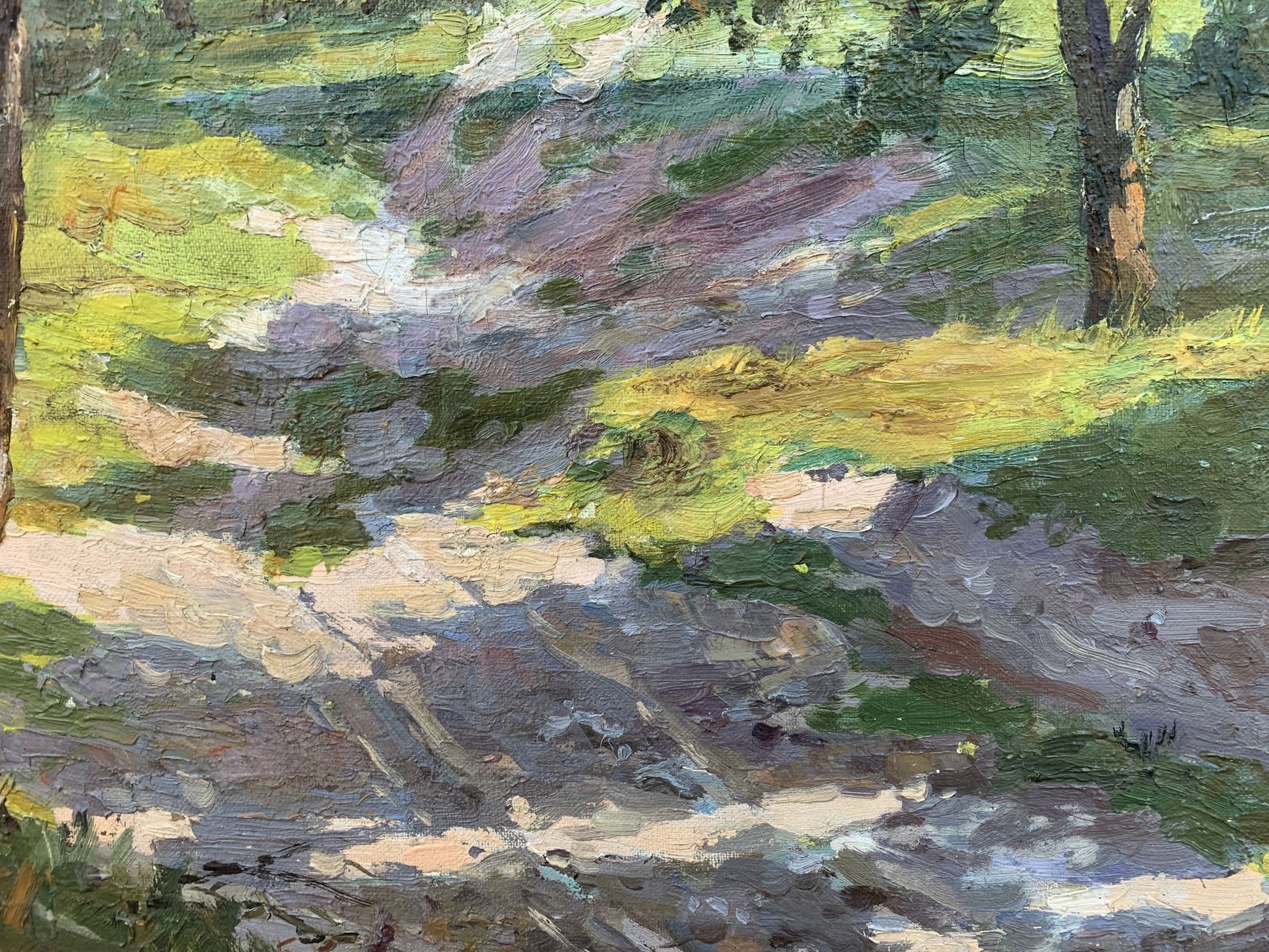 Oil painting Between the Trees by V. Shcherban: sunlit forest path