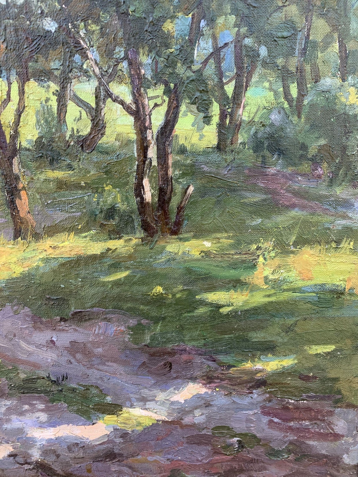 Oil painting Between the Trees by V. Shcherban, sunlit forest scene