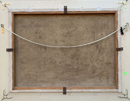 Back of Oil painting Between the Trees V. Shcherban brown canvas wooden frame white string