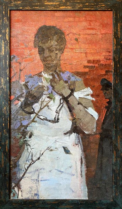 Disobedient by Serbutovsky Andrey Andreevich oil painting of woman in white dress with purple flowers