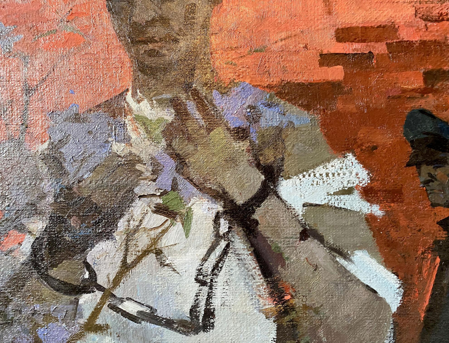 Disobedient by Serbutovsky Andrey Andreevich, impressionistic oil painting of man against orange-red brick wall