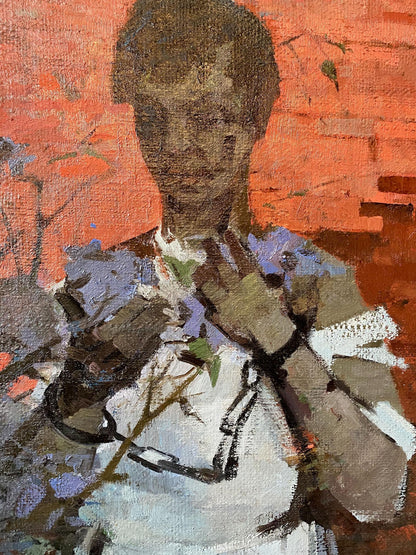 Textured oil painting Disobedient by Serbutovsky Andrey Andreevich: figure in white garment holding purple flowers against orange brick wall