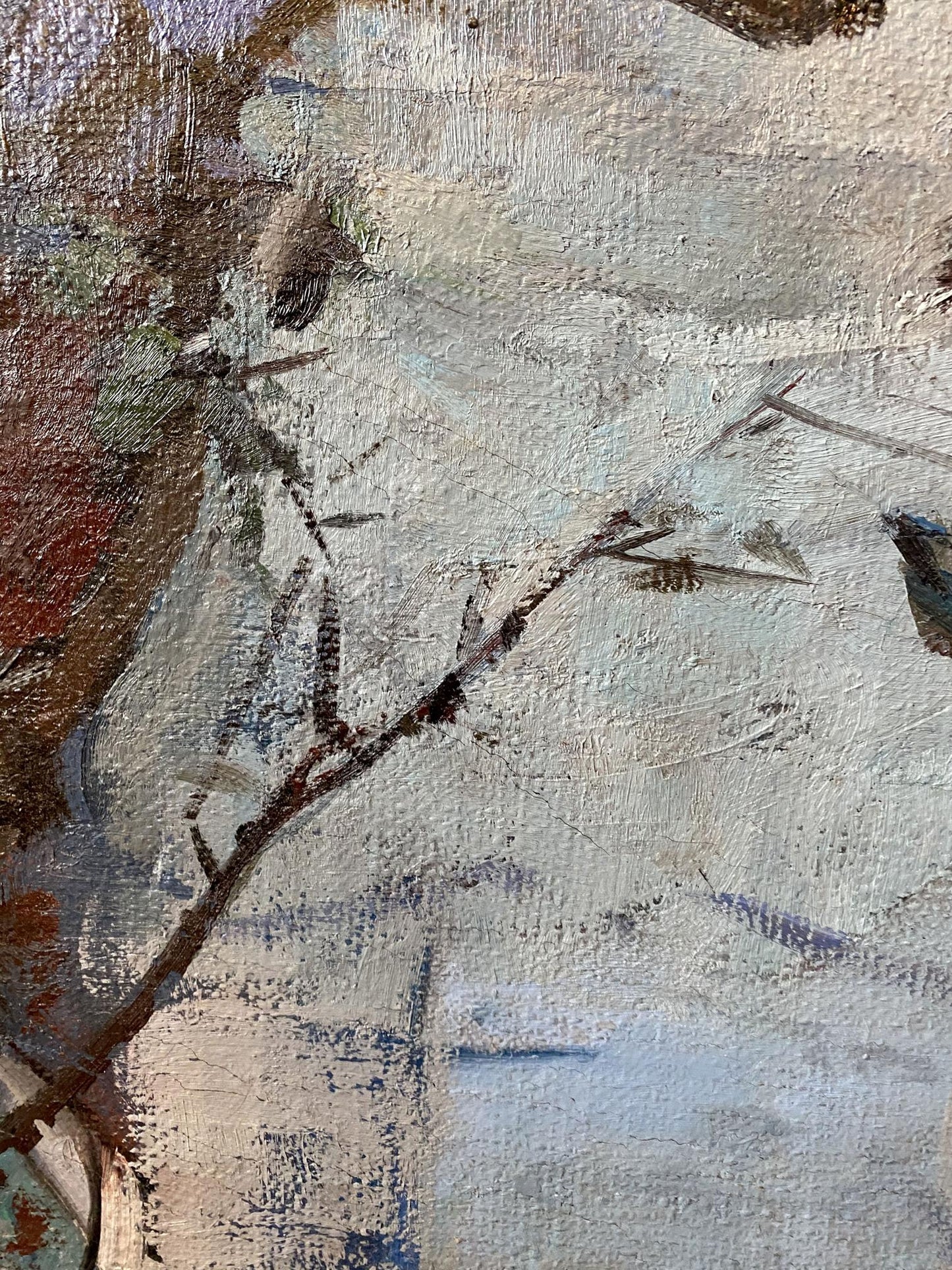 Social realism oil painting Disobedient by Serbutovsky Andrey Andreevich with textured canvas brushstrokes in muted whites grays and earthy browns