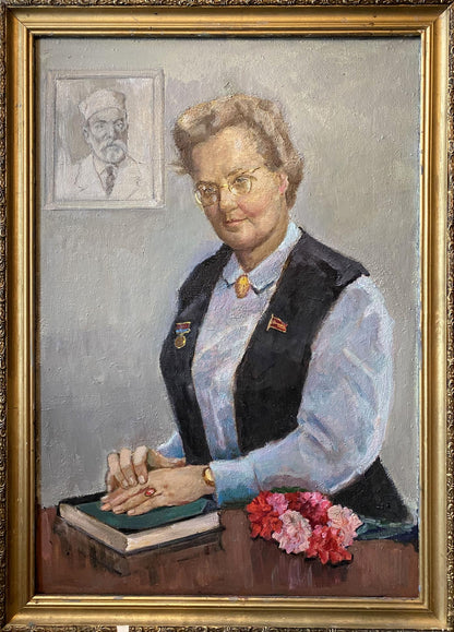 Framed social realism oil painting of doctor Shirokov Anatoly Georgievich in glasses, blue blouse, vest with medals