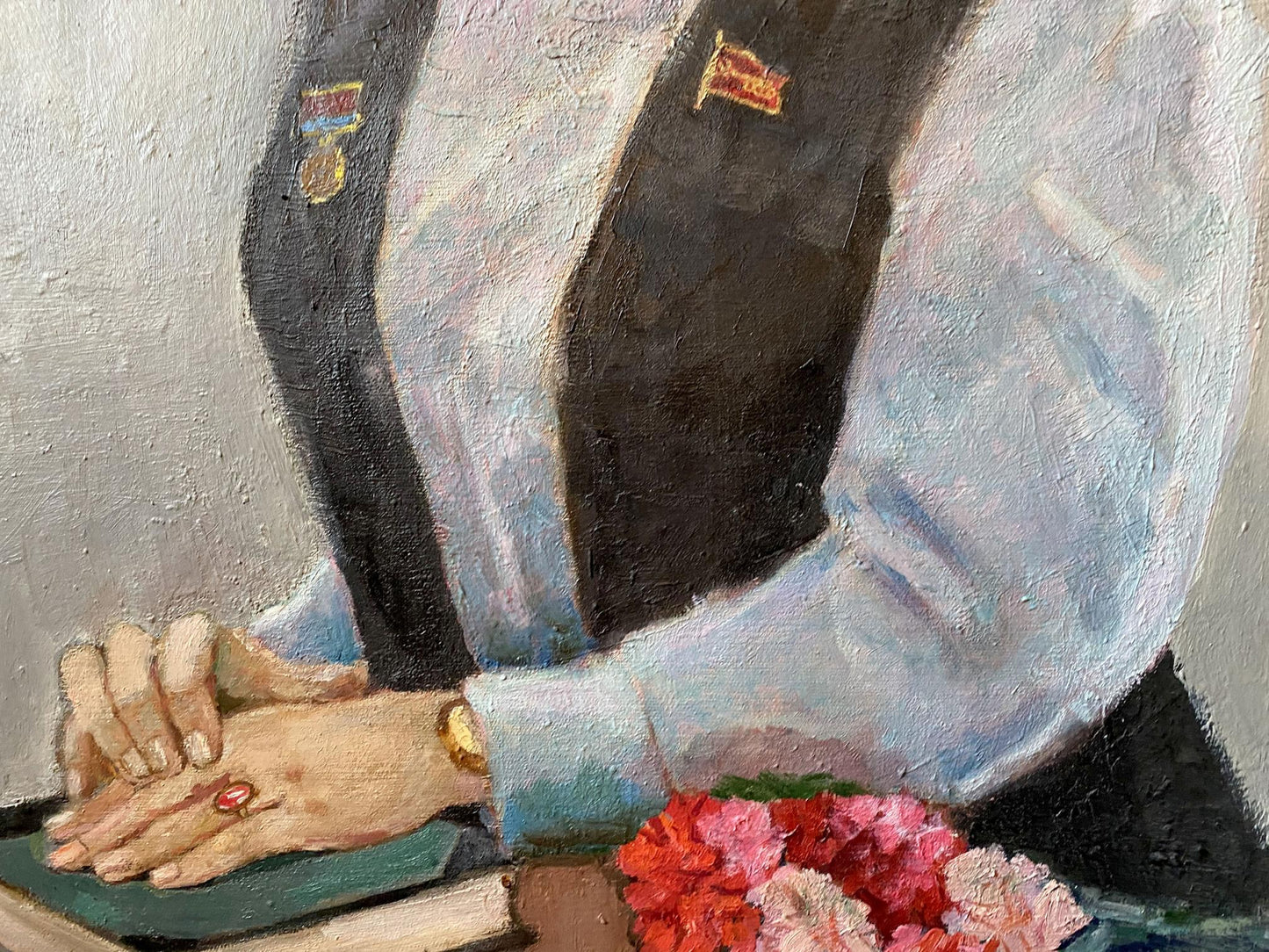 Social realism oil painting of doctor Shirokov Anatoly Georgievich in black vest with gold pins and red ribbon over light blue shirt