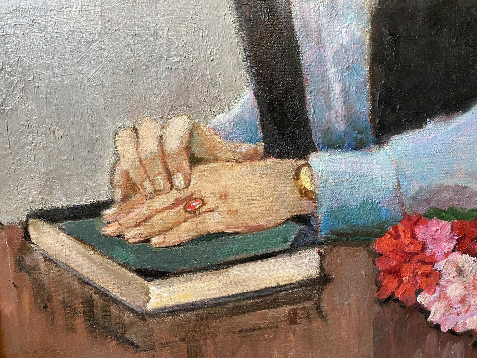 Delicate red gemstone ring on hand in Shirokov oil painting