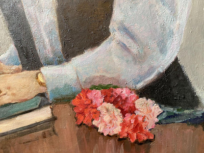 Social realism oil painting by Shirokov Anatoly Georgievich: pink red carnations