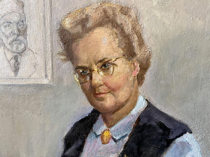 Textured oil portrait of Dr. Shirokov Anatoly Georgievich, elderly woman doctor