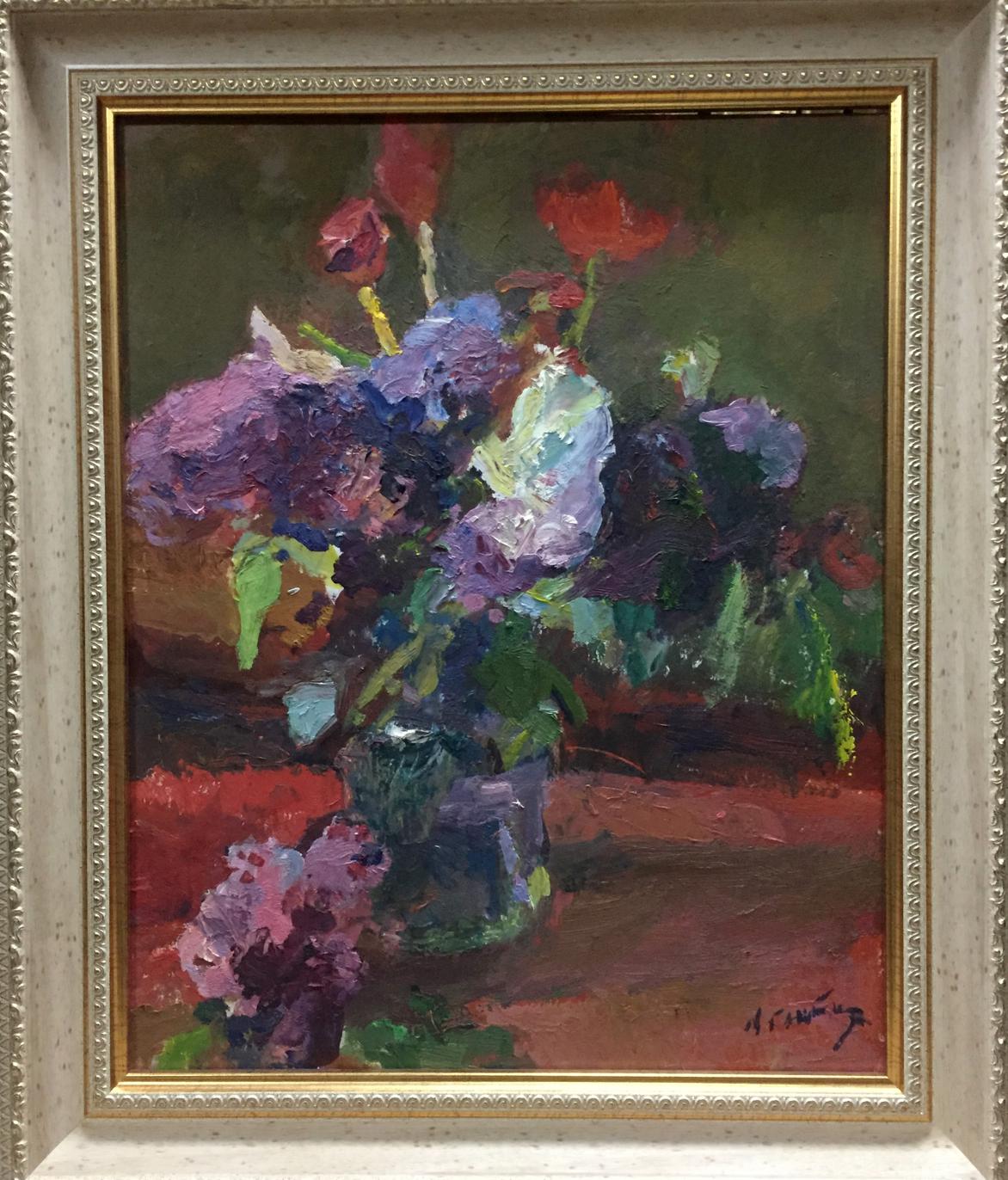 Oil painting of vibrant purple blue red flowers in vase by Moses Faybovich Gantman