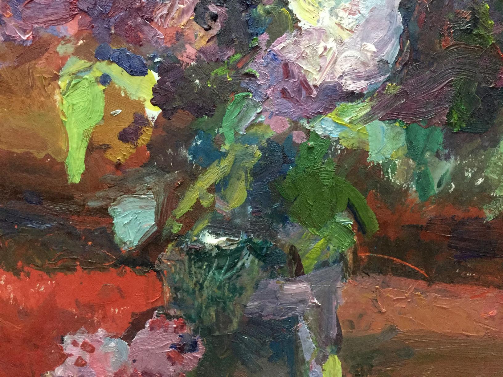 Vibrant oil painting of flowers in abstract vase by Moses Faybovich Gantman