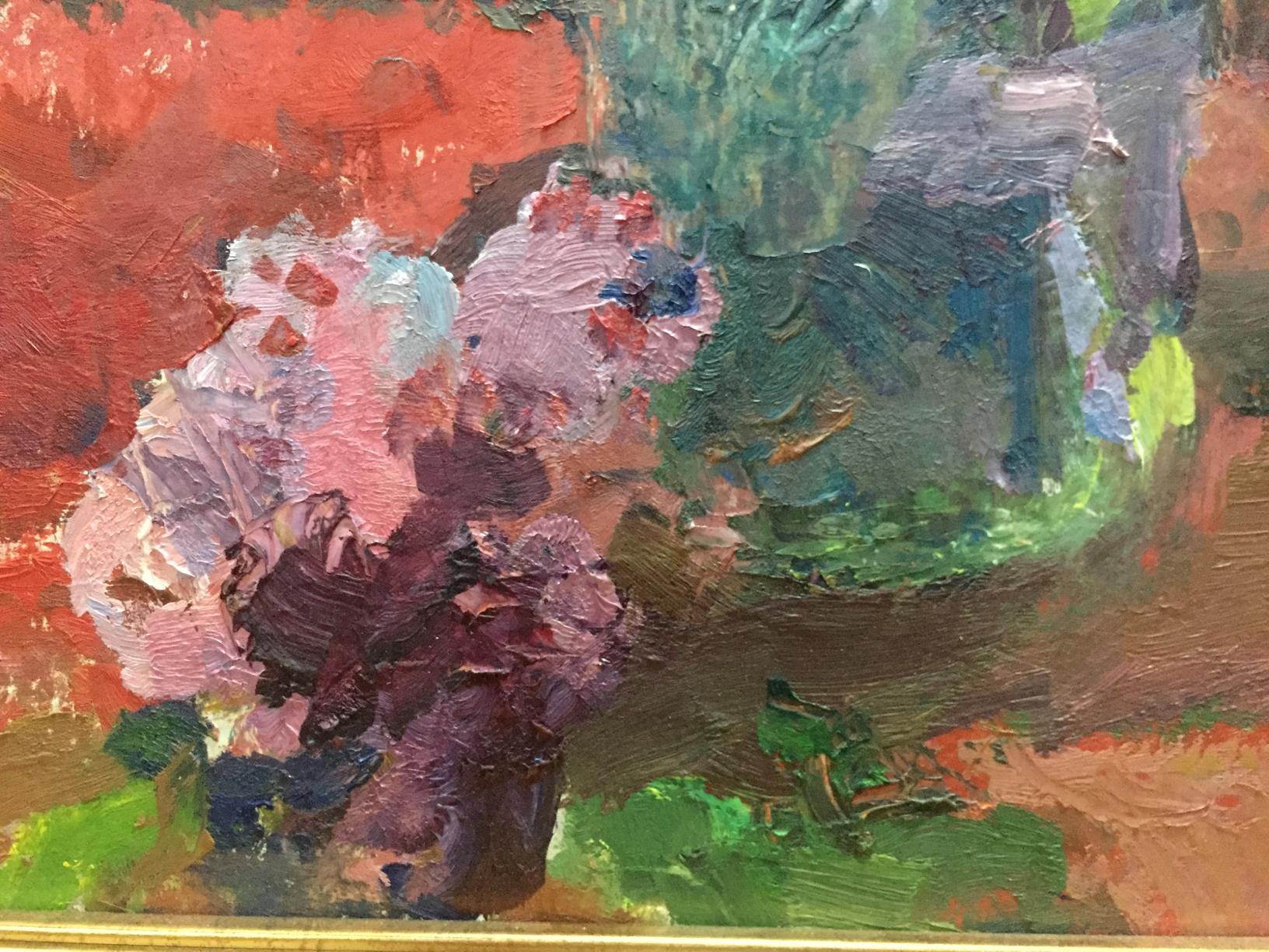 Vibrant impressionist oil painting of pink purple blossoms by Moses Faybovich Gantman