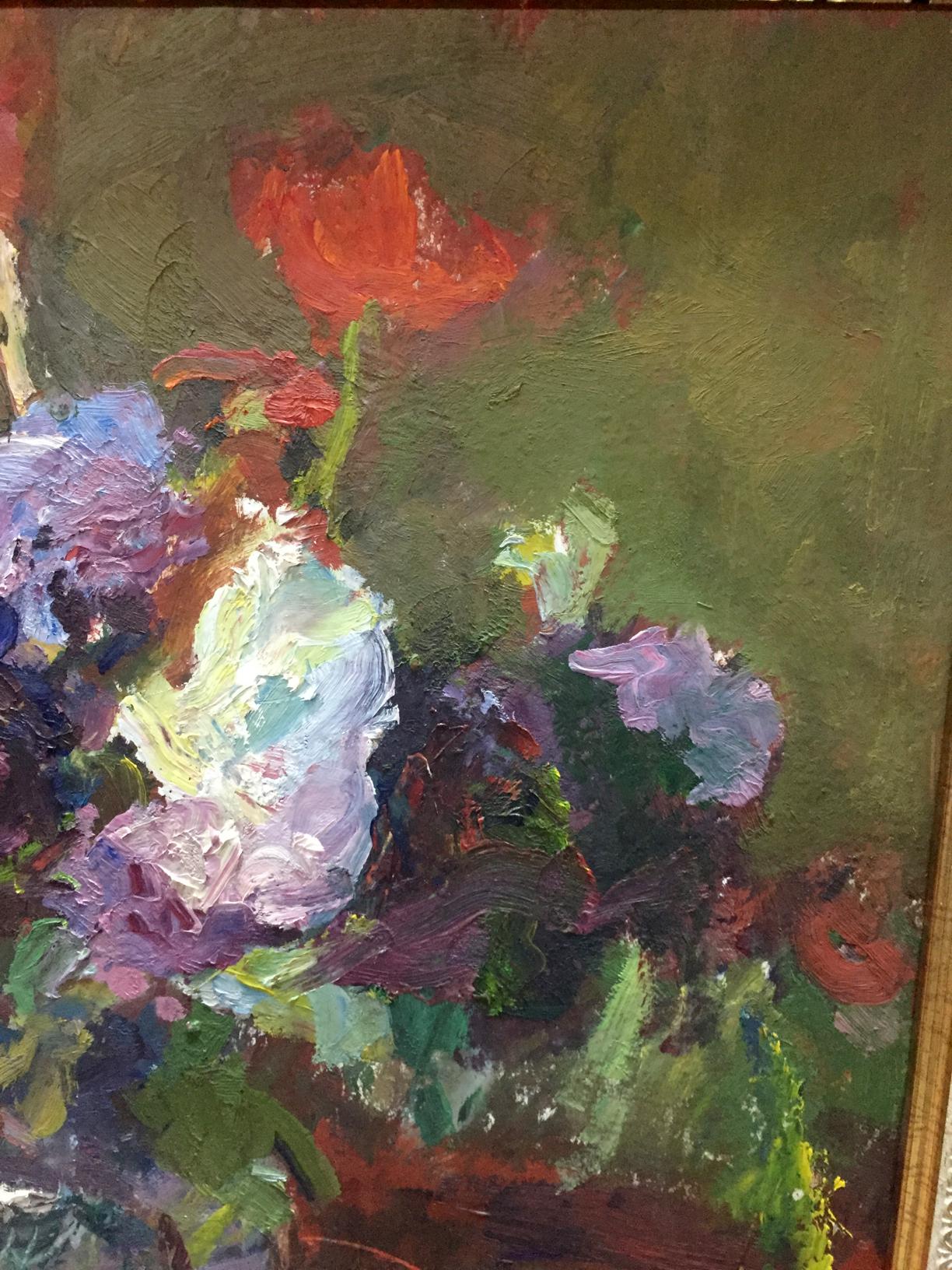 Vibrant oil painting of red purple white flowers by Moses Faybovich Gantman