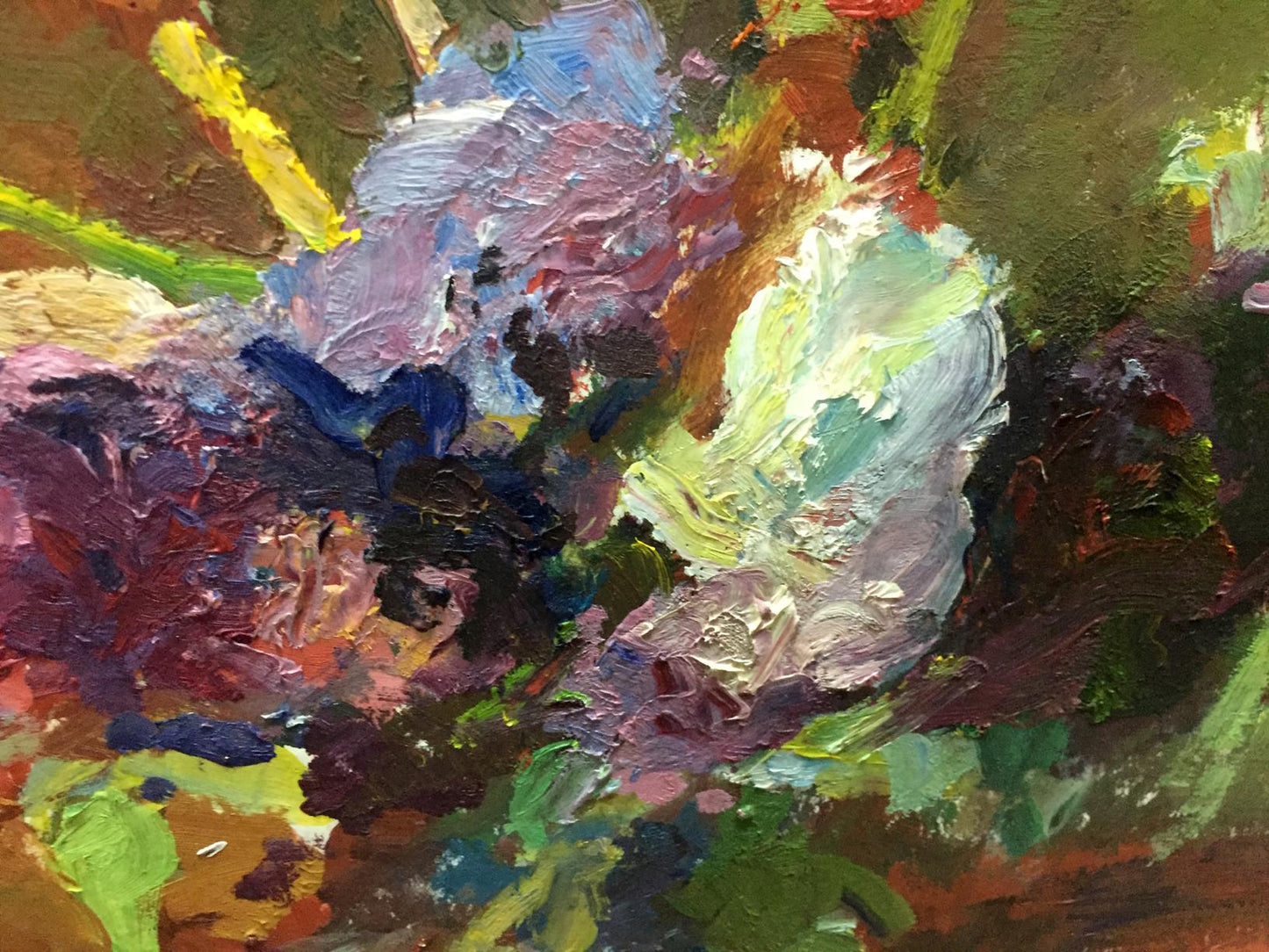 Vibrant oil painting Flowers by Moses Faybovich Gantman with bold purple green yellow white strokes