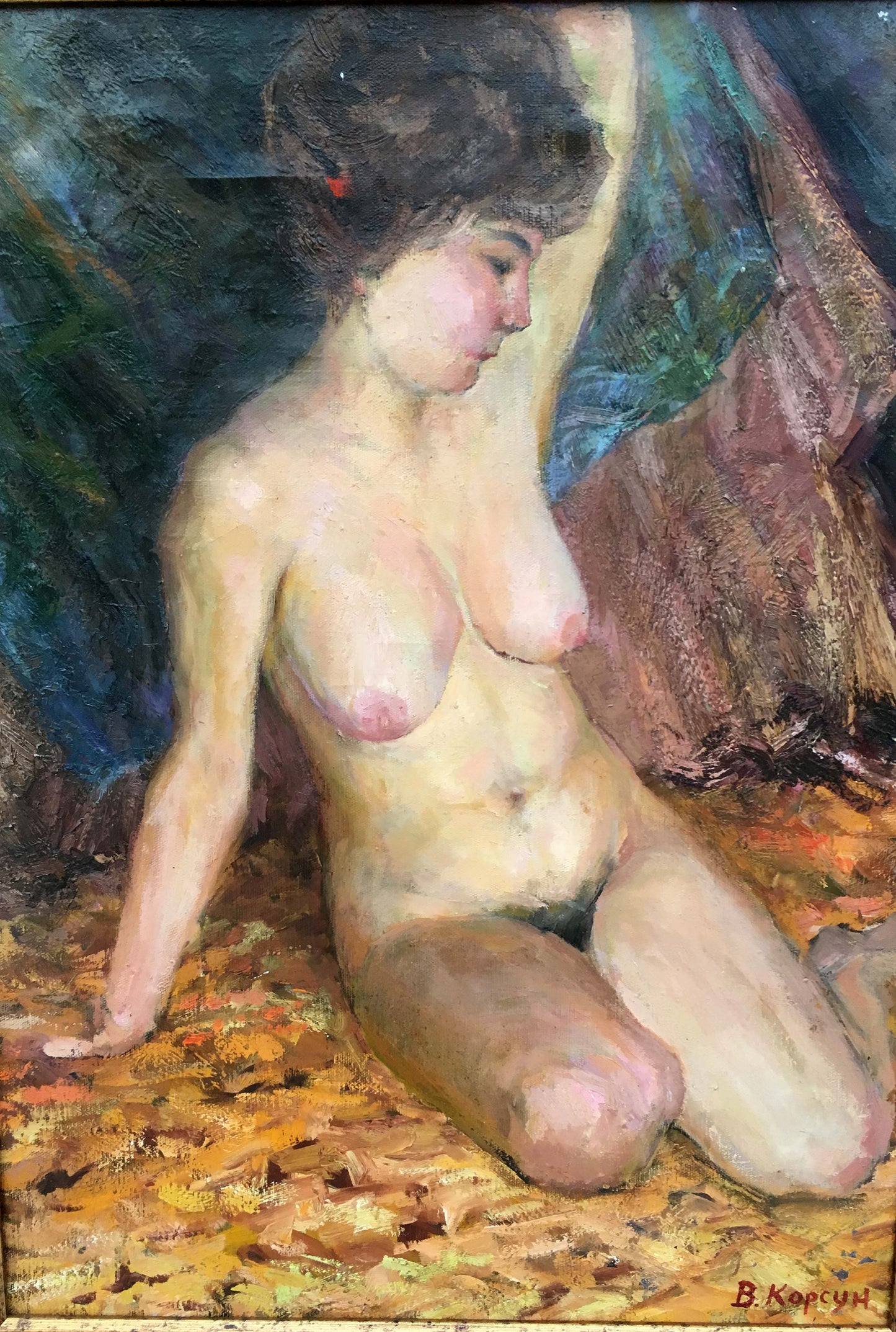 Impressionistic oil painting of figure Korsun V woman with dark hair sitting