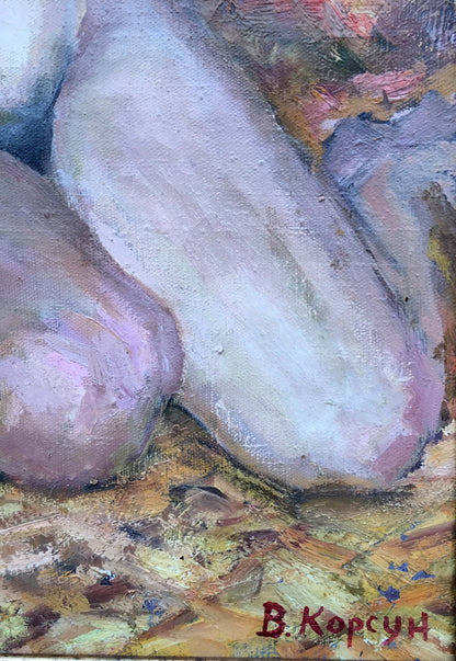 Textured oil painting Figure Korsun V with soft rounded forms in muted purples and whites