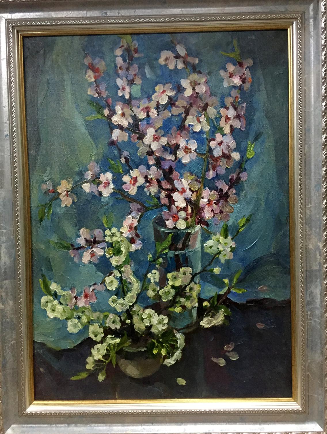 Oil painting by Almond Ostanniy Galina Afanasevna: pink white blossoms in blue vase