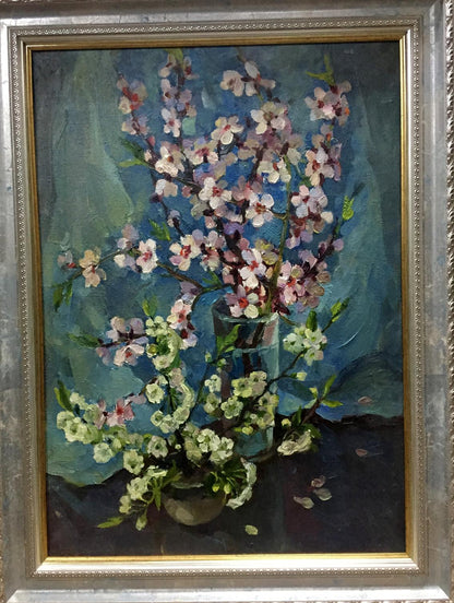 Oil painting by Almond Ostanniy Galina Afanasevna: pink white blossoms in blue vase