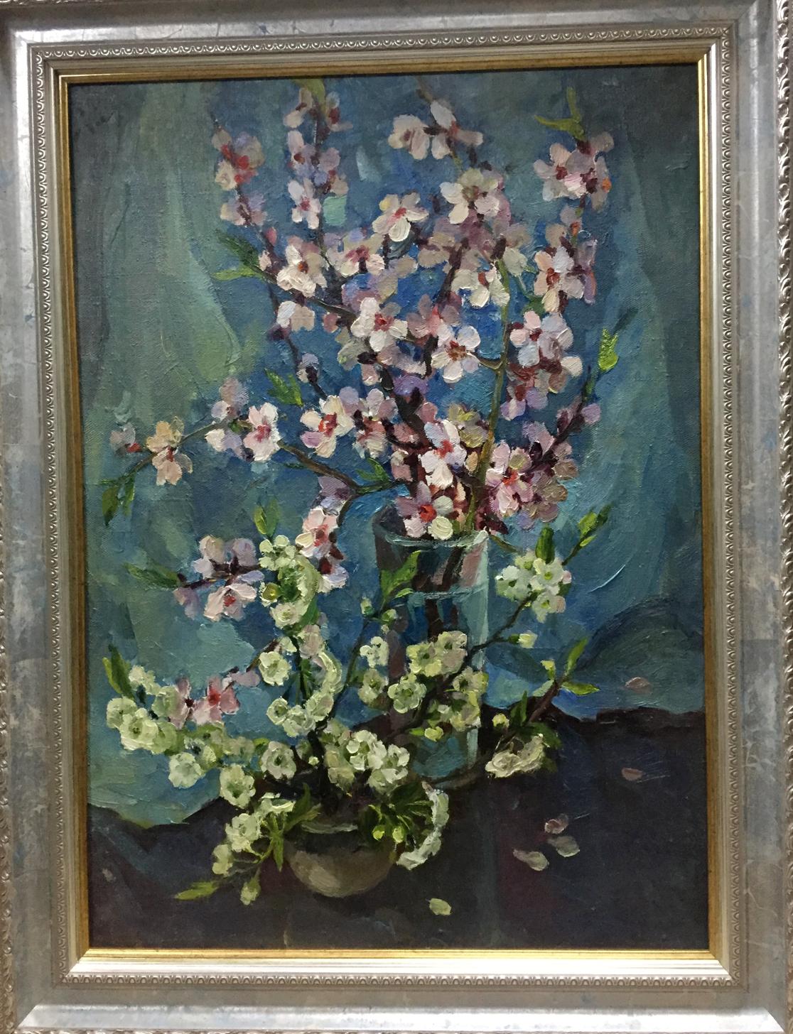 Oil painting Almond by Ostanniy Galina Afanasevna, pink white blossoms in vase
