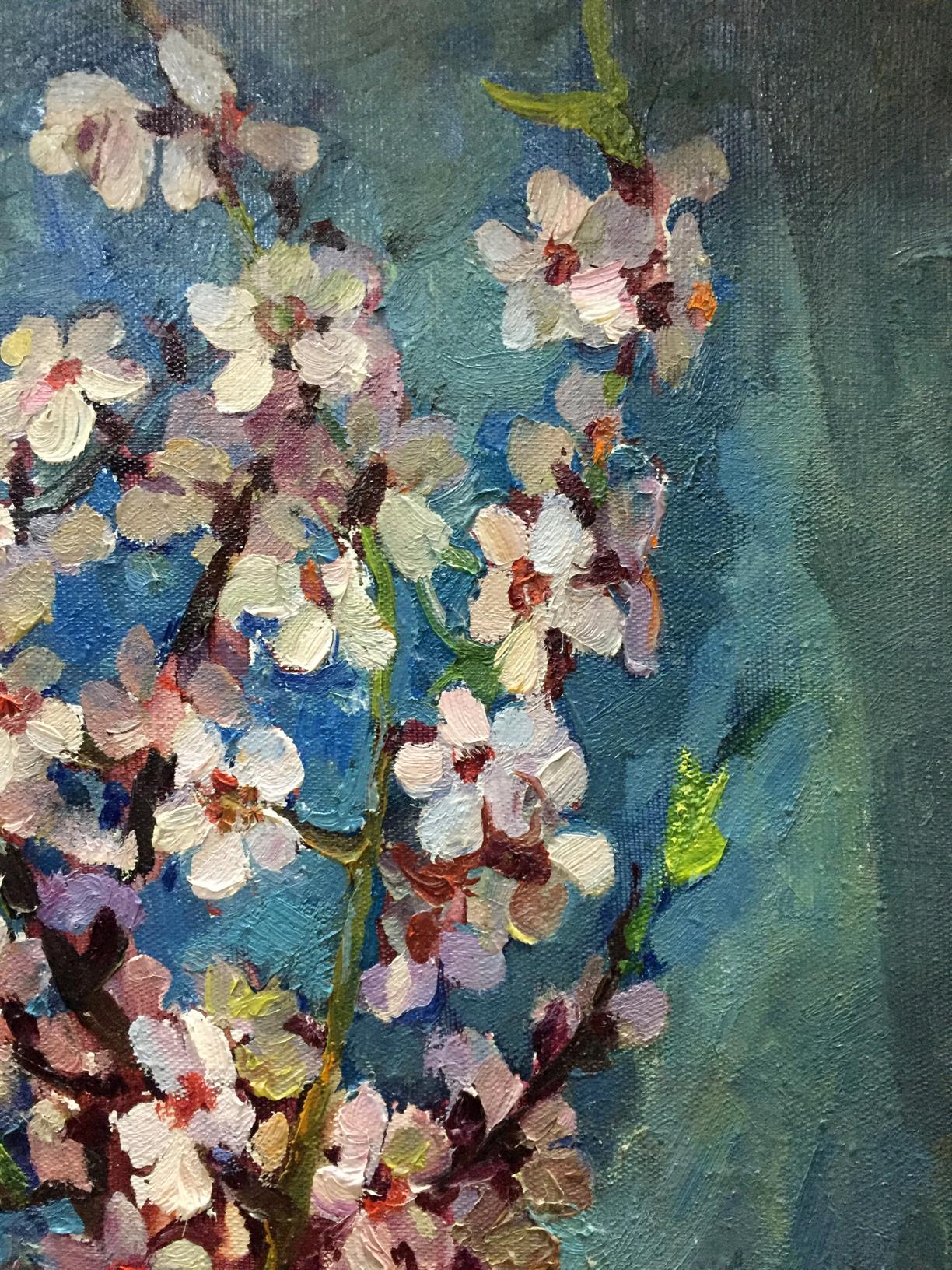 Oil painting of delicate white pink blossoms by Almond Ostanniy Galina Afanasevna