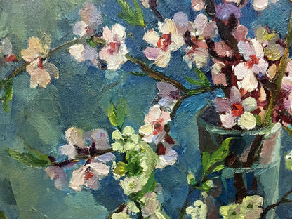 Oil painting by Almond Ostanniy Galina Afanasevna: pink blossoms in blue vase