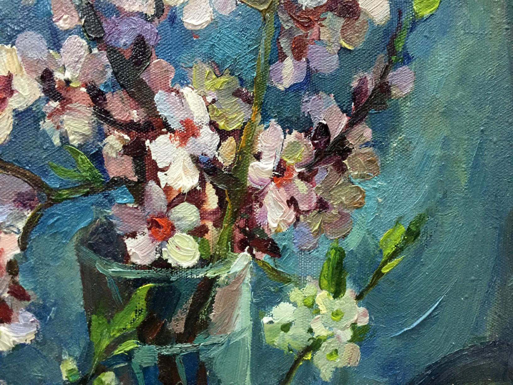 Oil painting by Almond Ostanniy Galina Afanasevna: translucent green vase with pink white blossoms