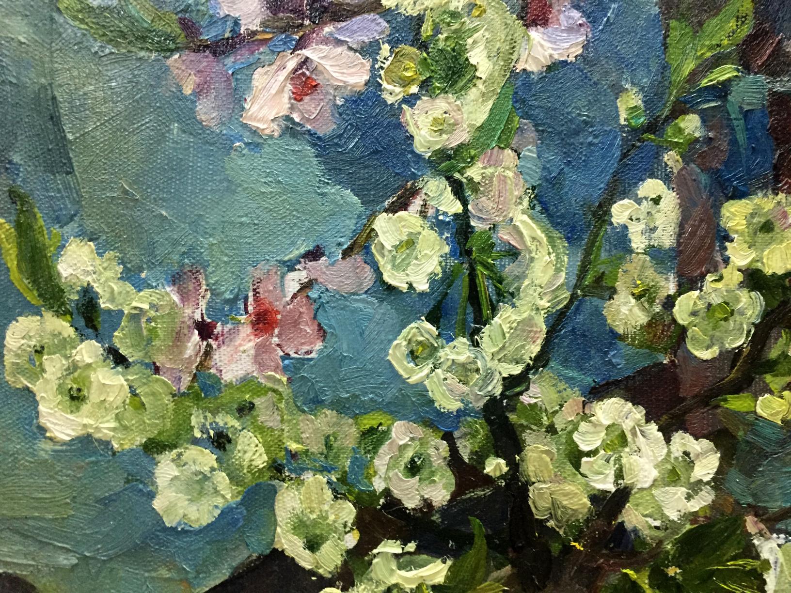 Oil painting Almond by Ostanniy Galina Afanasevna, pink blossoms on blue