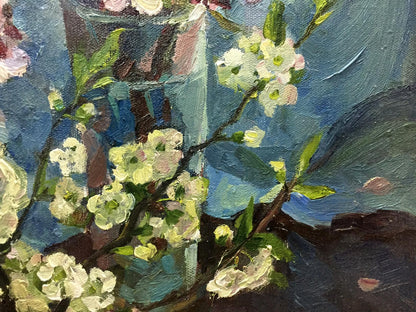 Oil painting Almond by Ostanniy Galina Afanasevna, pink blossoms on blue