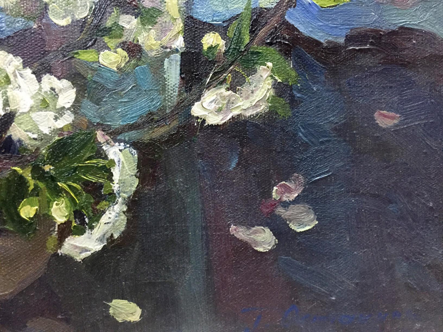 Oil painting Almond by Ostanniy Galina Afanasevna, white blossoms on dark background