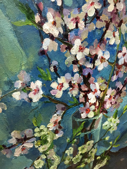 Impressionistic oil painting of white pink blossoms by Almond Ostanniy Galina Afanasevna