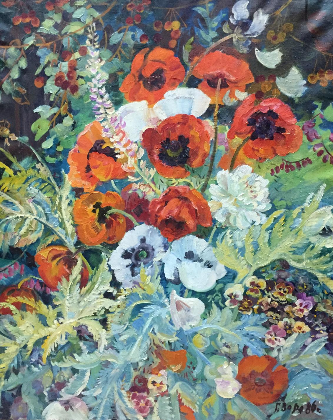 Vibrant oil painting May G. Zora with red white poppies lavender foliage