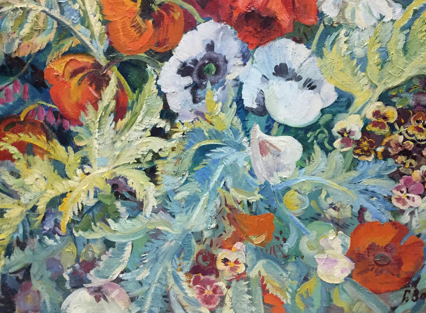 Oil painting May G. Zora: vibrant red, white, orange poppies in green foliage